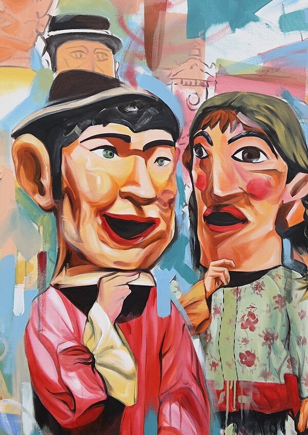 Exposição  "Dança de Cabeçudos e Gigantones no Jardim", de Cipriano Oquiniame