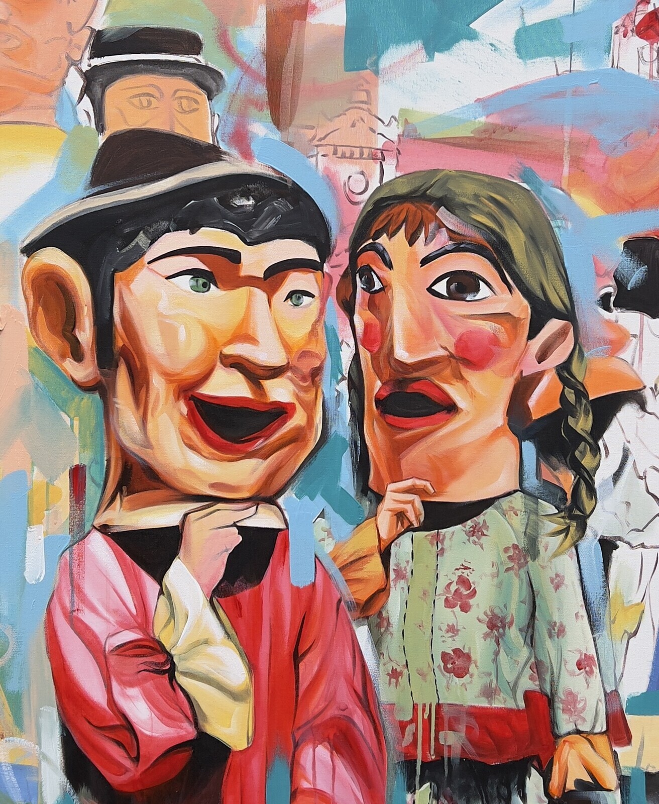 Exposição de pintura "Dança de Cabeçudos e Gigantones no Jardim", de Cipriano Oquiniame